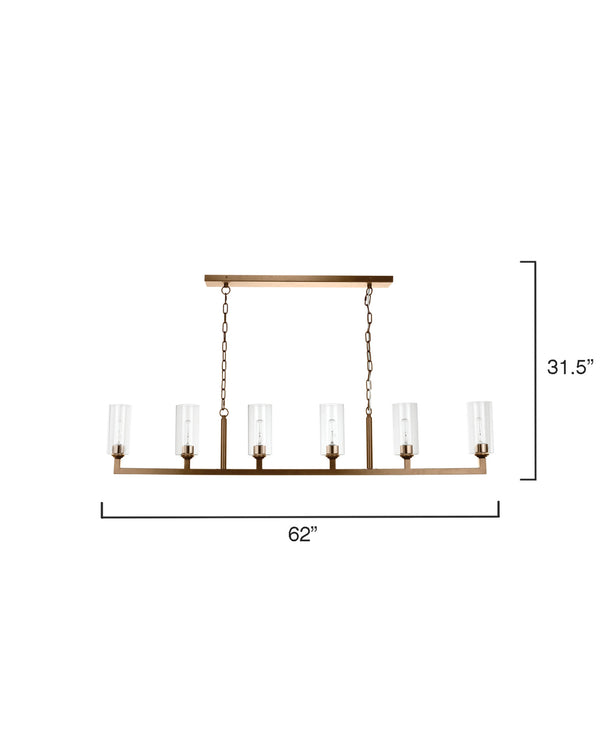 Linear 6-Light Steel Chandelier, Antique Brass