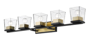 Bleeker Street 5 Light Vanity in Matte Black + Olde Brass Finish