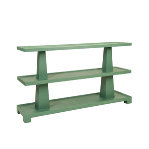 THREE TIER TWO COLUMN CONSOLE IN TEXTURED GREEN LINEN