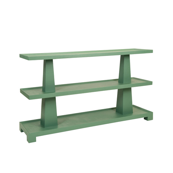 THREE TIER TWO COLUMN CONSOLE IN TEXTURED GREEN LINEN
