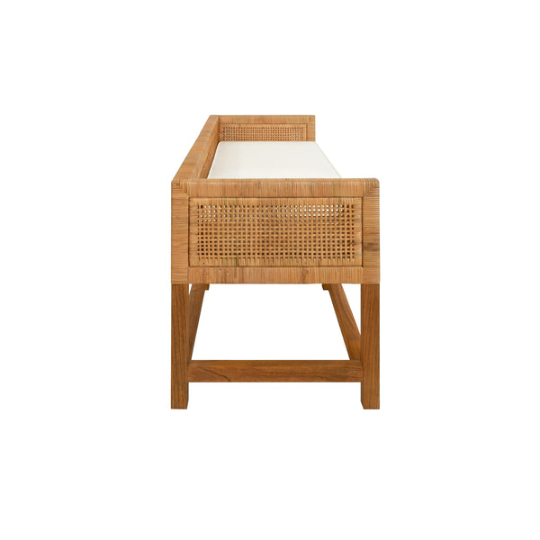 CANE BENCH WITH LOW SEAT BACK AND IVORY LINEN CUSHION