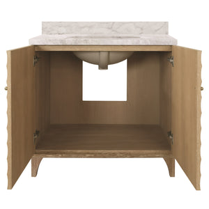 BATH VANITY WITH HORIZONTAL FLUTED DETAIL IN CERUSED OAK WITH WHITE MARBLE TOP, PORCELAIN SINK, AND POLISHED BRASS KNOBS