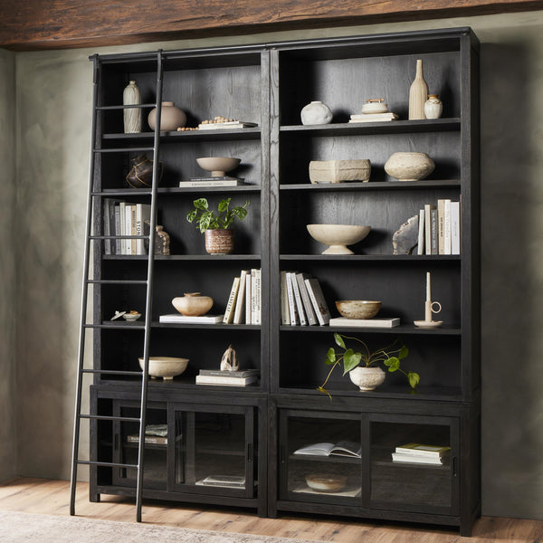 Admont Double Bookcase W Ladder In Worn Blk