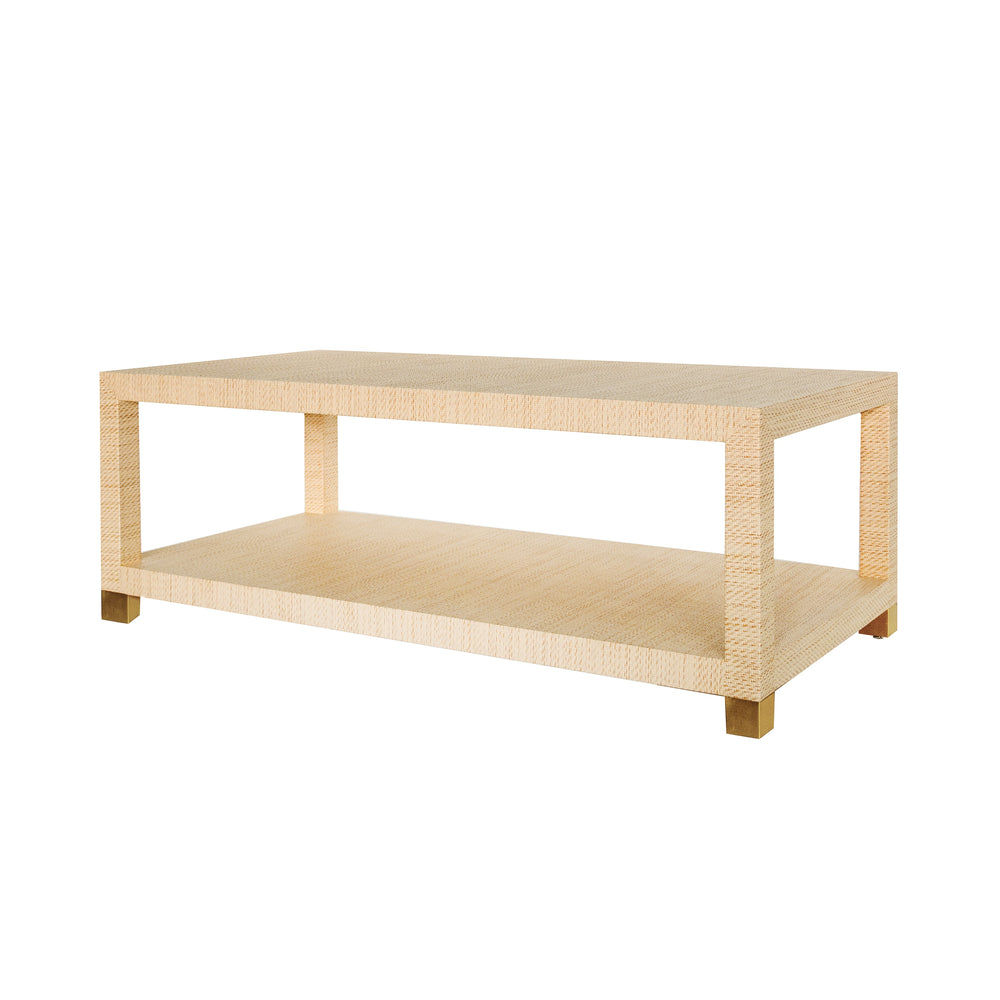 COFFEE TABLE WITH ANTIQUE BRASS FOOT CAPS IN NATURAL GRASSCLOTH