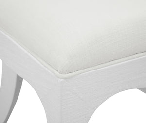 CURVED DINING CHAIR WITH SATIN BRASS RING HARDWARE ON BACK IN PERFORMANCE WHITE LINEN UPHOLSTERY AND TEXTURED WHITE LINEN FRAME