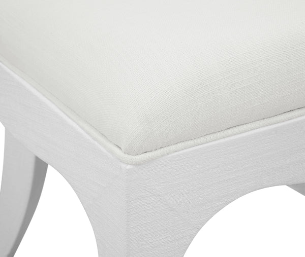 CURVED DINING CHAIR WITH SATIN BRASS RING HARDWARE ON BACK IN PERFORMANCE WHITE LINEN UPHOLSTERY AND TEXTURED WHITE LINEN FRAME