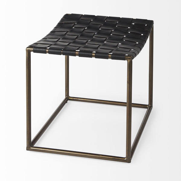 Clarissa 22.0L x 16.0W x 16.75H Black Leather Woven Seat W/ Gold Metal Frame Stool