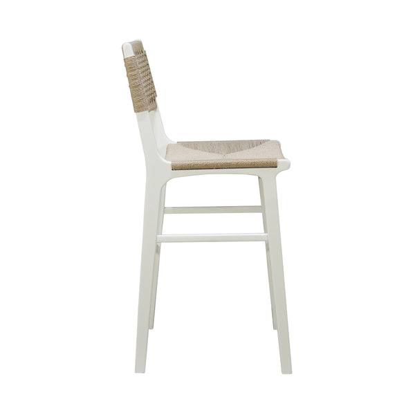 WOVEN BACK BAR STOOL WITH RUSH SEAT IN MATTE WHITE LACQUER