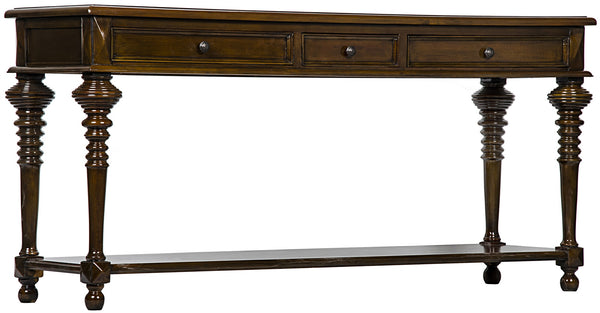 Colonial Birch and Veneer Large Sofa Table in Distressed Brown