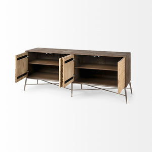 Swordfish 72L x 19W  x 30.25H Two-Tone Brown Wood Cabinet Silver Metal Base 4 Cabinet Door Sideboard