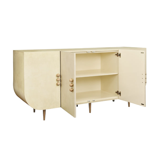 FOUR DOOR BUFFET WITH CURVED BOTTOM CORNERS AND STONE HARDWARE IN FAUX PARCHMENT