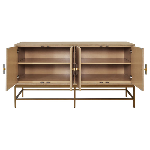 FOUR DOOR BUFFET WITH ANTIQUE BRASS METAL BASE IN CERUSED OAK