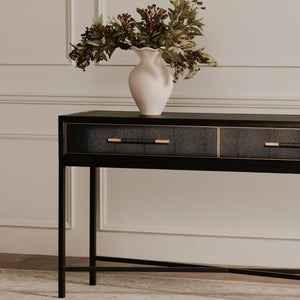 Mako Console Table in Black Oak with Brass Accents