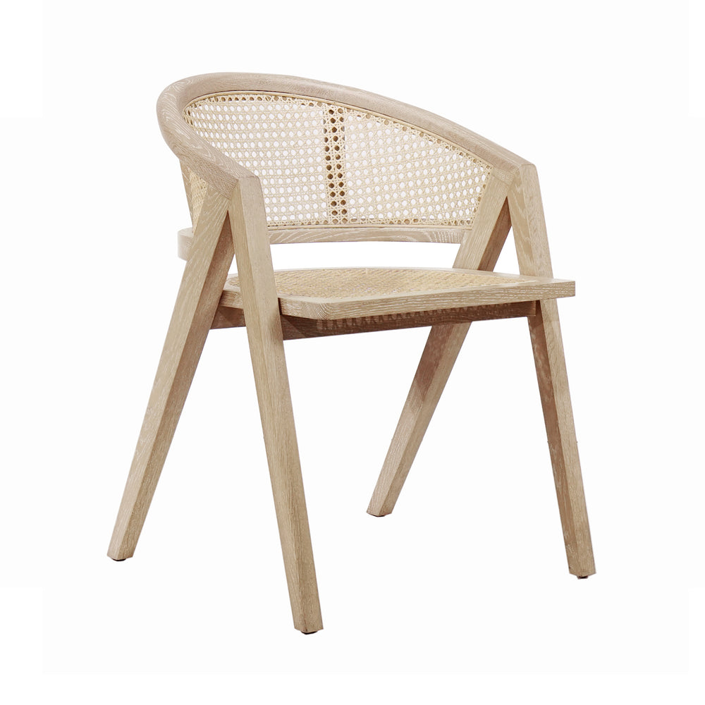 CANE BARREL BACK DINING CHAIR IN CERUSED OAK