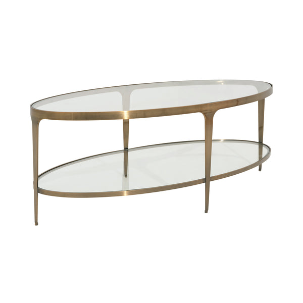 TWO TIER GLASS TOP OVAL COFFEE TABLE IN ANTIQUE BRASS
