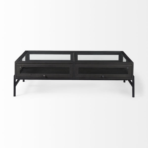Arelius 42"L Rectangular Glass-Top Black-Brown Wood w/ Black Metal Base Display Coffee Table