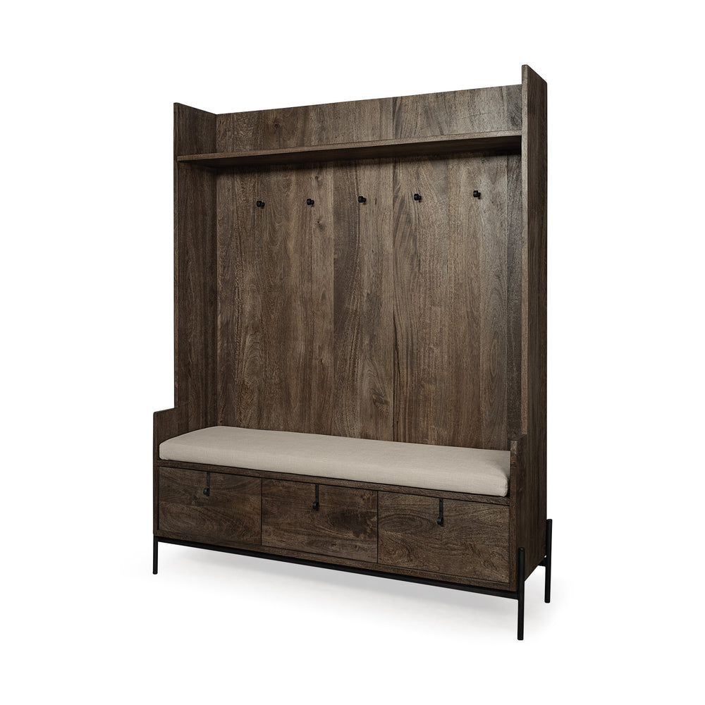 Glenn V 56L x 17W Dark Brown Wood w/ Cream Fabric Seat, 3 Drawers Hall Tree