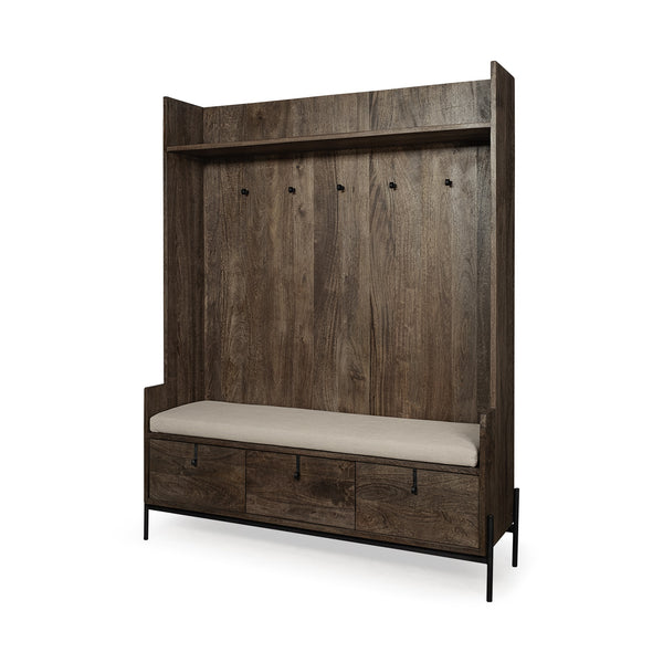Glenn V 56L x 17W Dark Brown Wood w/ Cream Fabric Seat, 3 Drawers Hall Tree