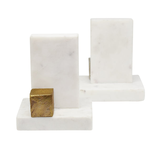 PAIR OF WHITE MARBLE BOOKENDS WITH BRASS SQUARE DETAIL