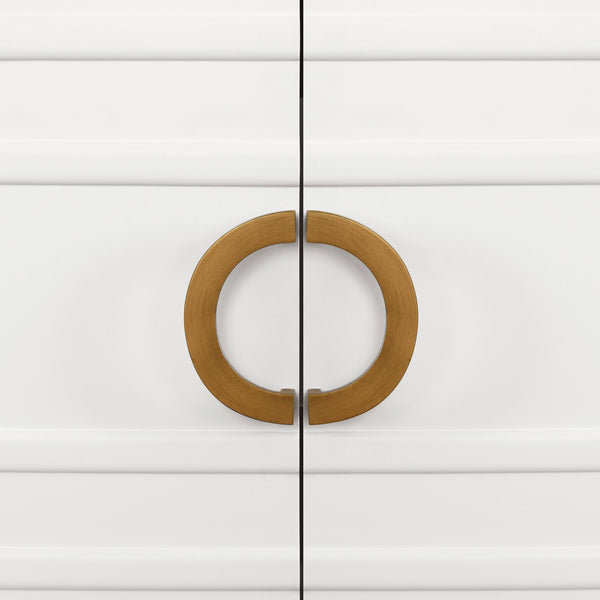 BATH VANITY IN MATTE WHITE LACQUER WITH ANTIQUE BRASS CIRCLE HARDWARE, WHITE MARBLE TOP, AND PORCELAIN SINK