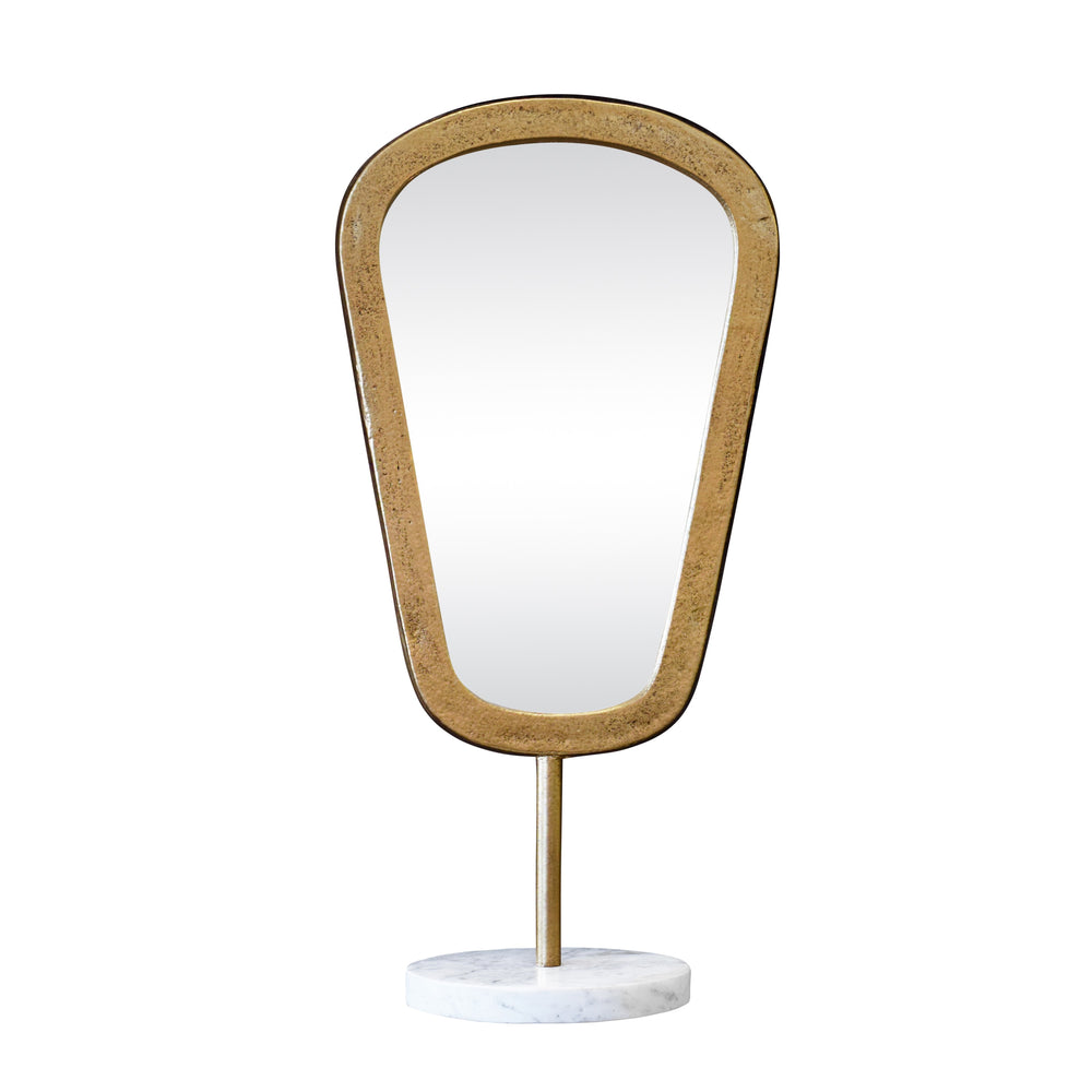 LARGE TABLE TOP MIRROR IN AGED GOLD FINISH ON WHITE MARBLE BASE