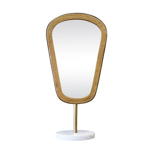 LARGE TABLE TOP MIRROR IN AGED GOLD FINISH ON WHITE MARBLE BASE