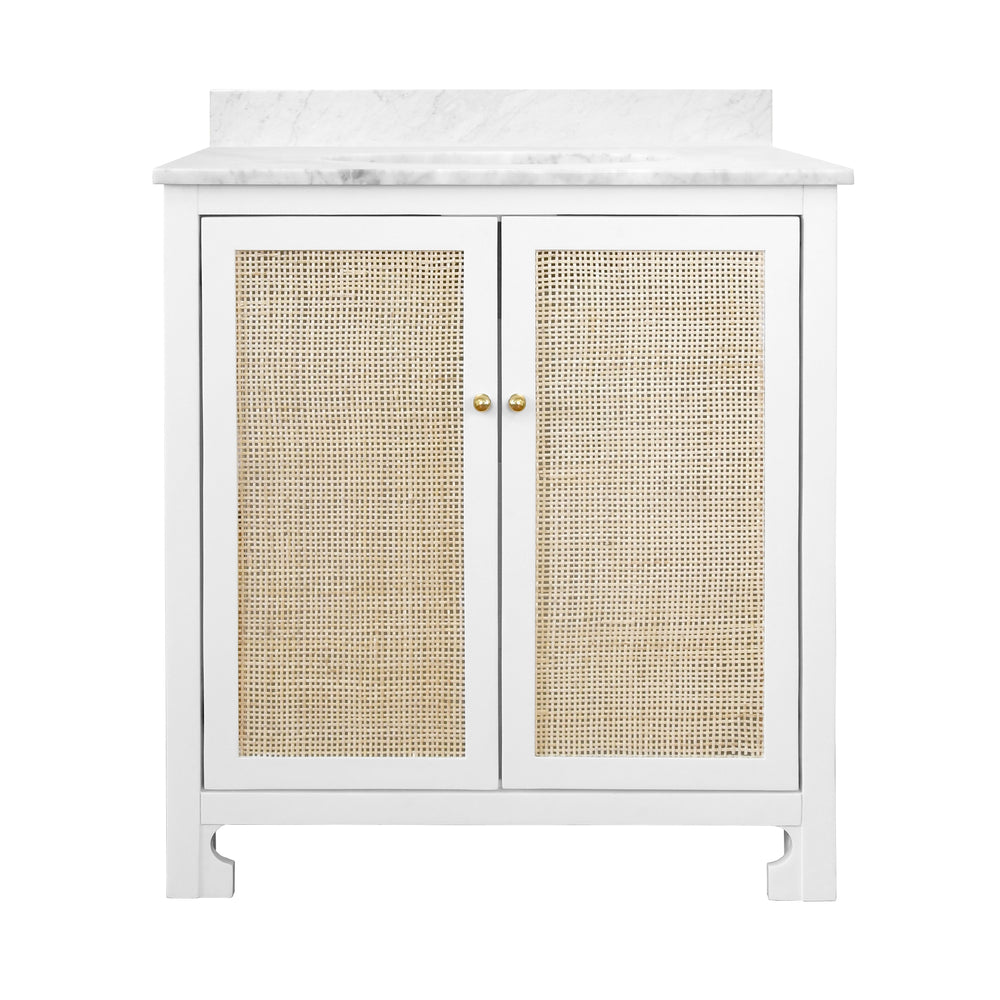 BATH VANITY IN MATTE WHITE LACQUER WITH CANE FRONT DOORS, WHITE MARBLE TOP, AND PORCELAIN SINK