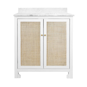 BATH VANITY IN MATTE WHITE LACQUER WITH CANE FRONT DOORS, WHITE MARBLE TOP, AND PORCELAIN SINK