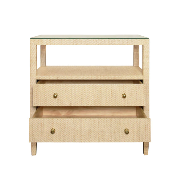TWO DRAWER SIDE TABLE WITH OPEN TOP SHELF IN NATURAL GRASSCLOTH WITH POLISHED BRASS KNOBS