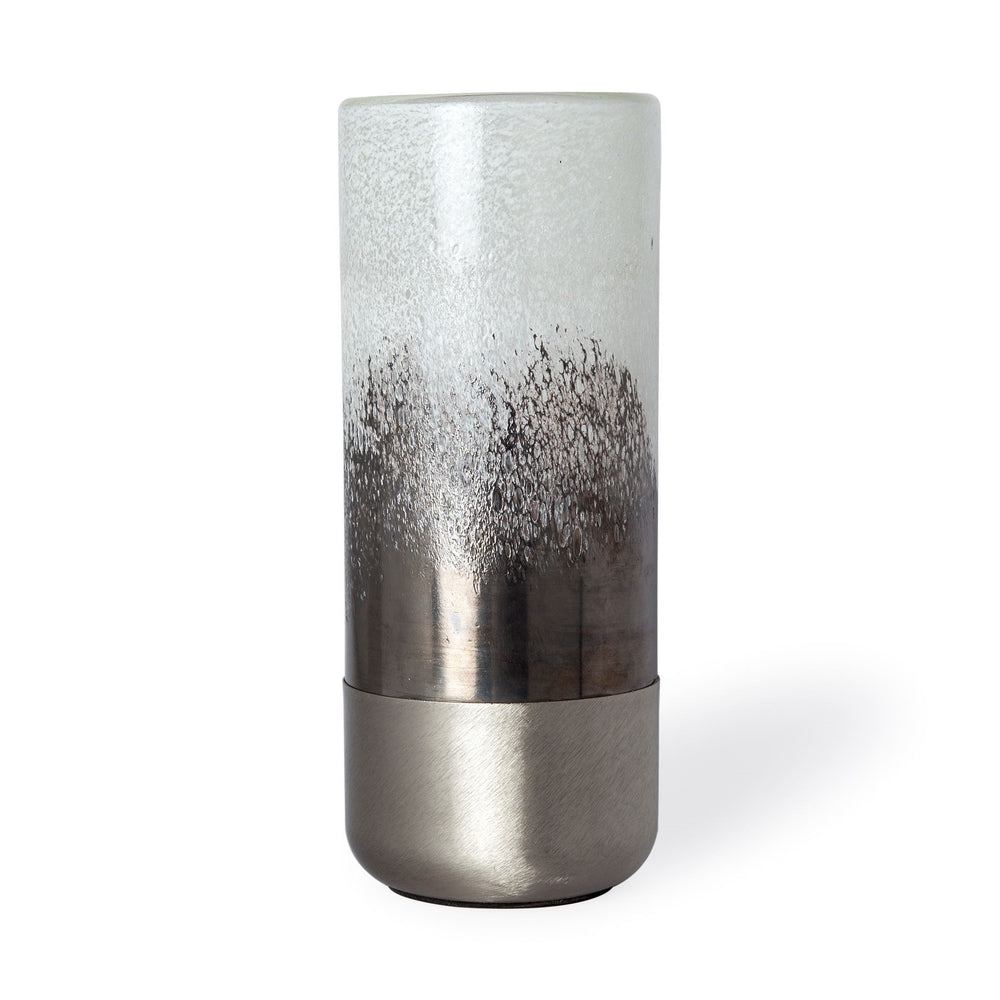 Baltic I Tall White Brushed Silver Metal Bottom Glass Vase