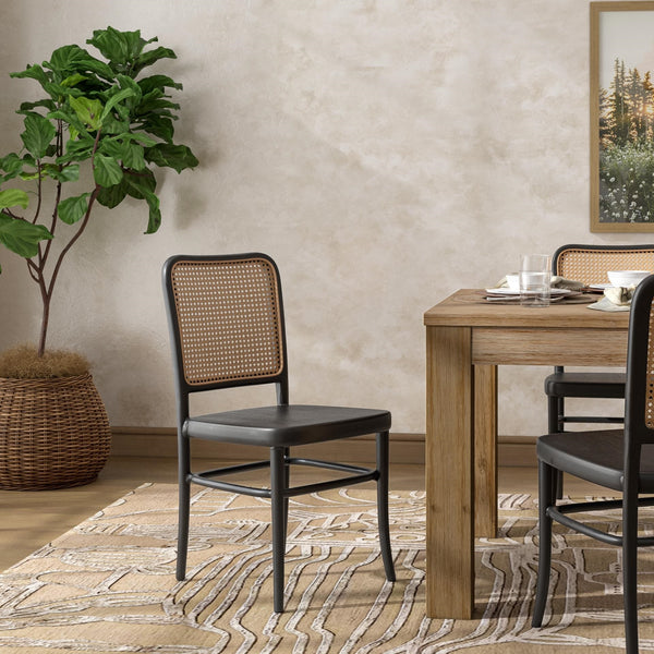 Sonora Rattan Dining Side Chair Wood Seat, Black/Natural