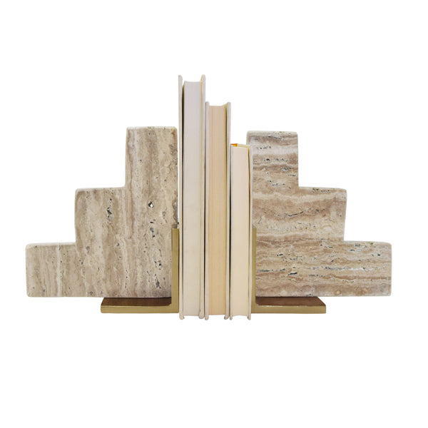 PAIR OF NATURAL TRAVERTINE STAIR STEP BOOKENDS WITH BRASS DETAIL