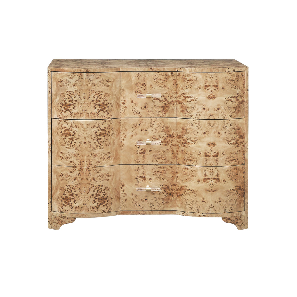 THREE DRAWER CHEST IN BURL WOOD WITH ACRYLIC HARDWARE