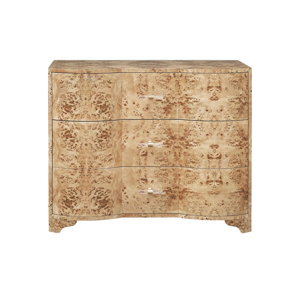 THREE DRAWER CHEST IN BURL WOOD WITH ACRYLIC HARDWARE