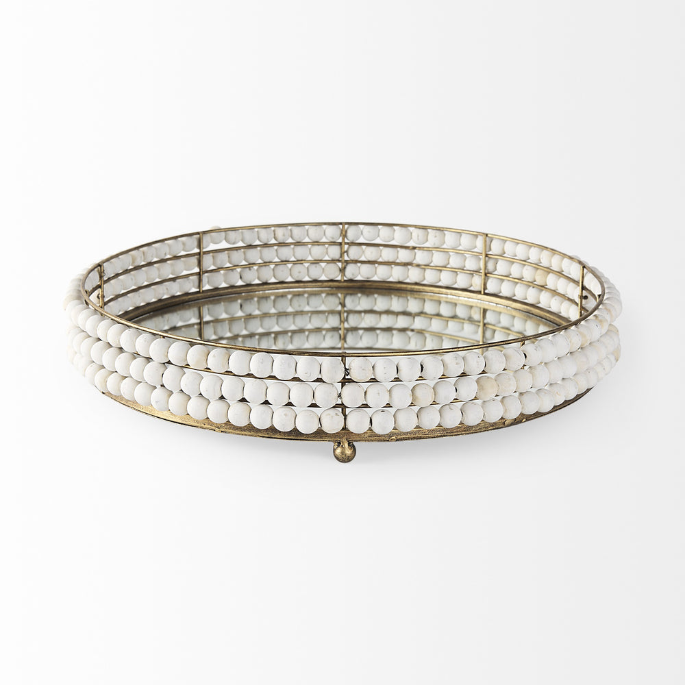 Decatur I 21L x 21W White Wooden Bead Mirrored Bottom Round Tray