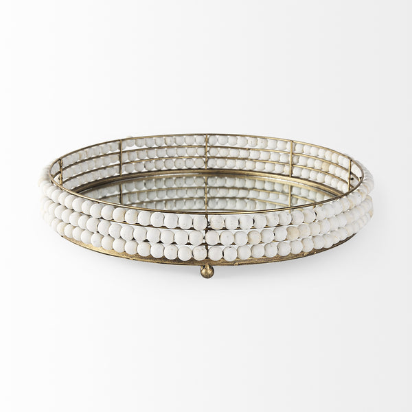 Decatur I 21L x 21W White Wooden Bead Mirrored Bottom Round Tray