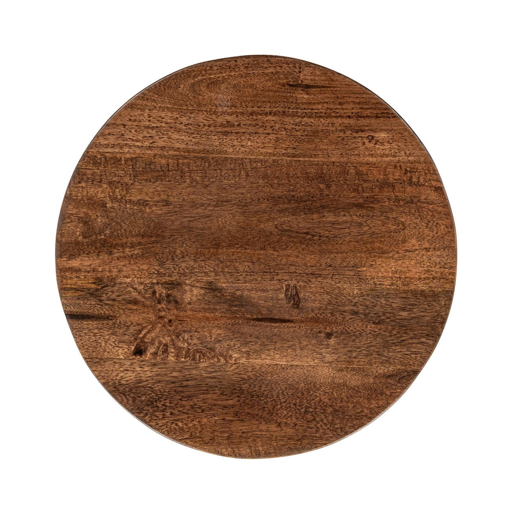 Andra Leather Round Accent Table in Tan with Mango Wood Top