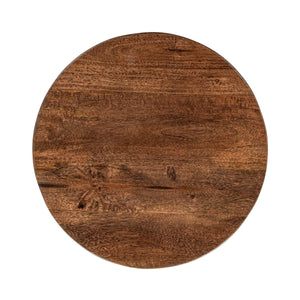 Andra Leather Round Accent Table in Tan with Mango Wood Top