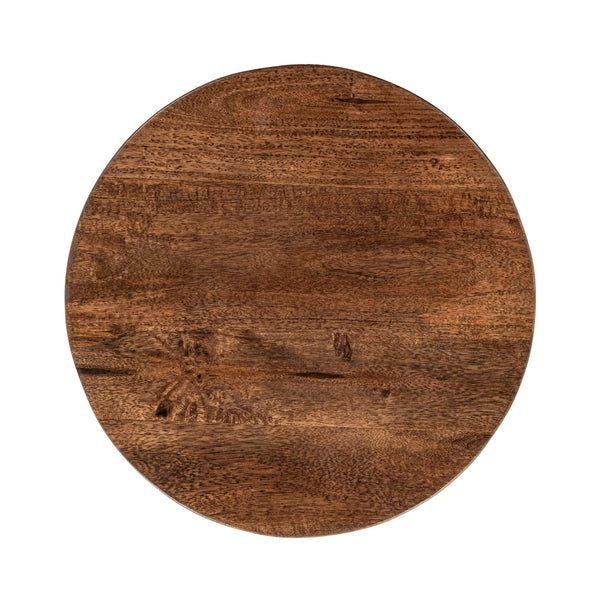 Andra Leather Round Accent Table in Tan with Mango Wood Top