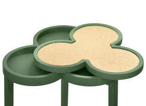 CLOVER CIGAR TABLE WITH REVERSIBLE LACQUER AND NATURAL GRASSCLOTH TOP IN MATTE GREEN LACQUER