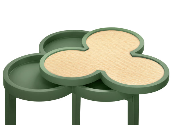 CLOVER CIGAR TABLE WITH REVERSIBLE LACQUER AND NATURAL GRASSCLOTH TOP IN MATTE GREEN LACQUER