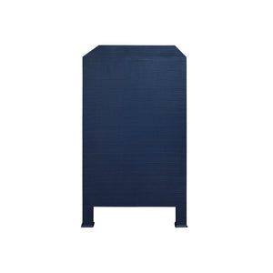 THREE DRAWER CHEST WITH ANTIQUE BRASS CIRCLE HARDWARE IN TEXTURED NAVY LINEN