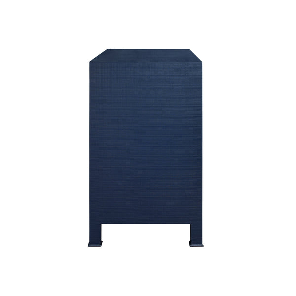 THREE DRAWER CHEST WITH ANTIQUE BRASS CIRCLE HARDWARE IN TEXTURED NAVY LINEN