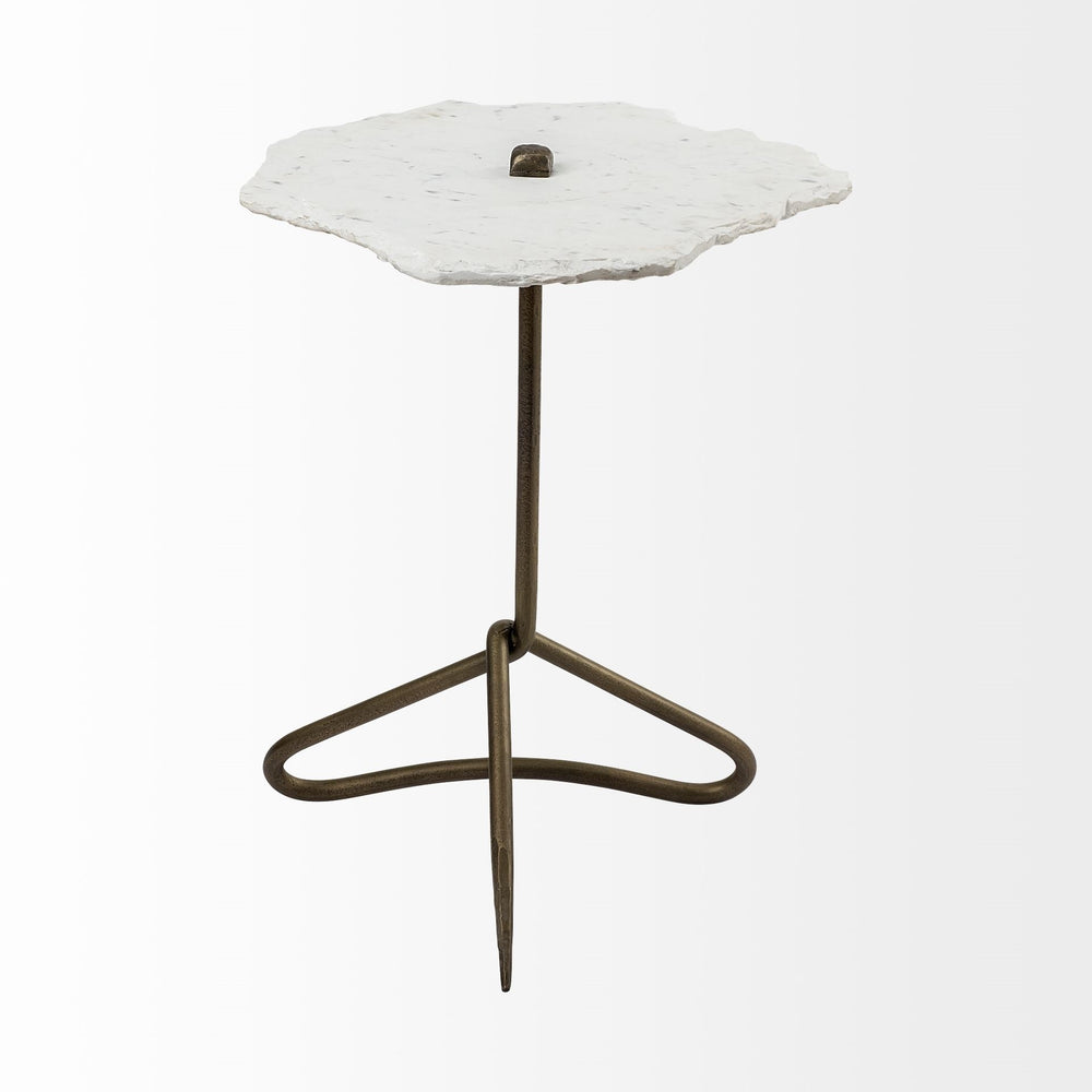 Pinera II 19L x 19W White Marble W/ Triangluar Gold Iron Base Accent Table