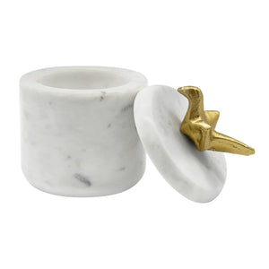 WHITE MARBLE CONTAINER WITH BRASS ORIGAMI BIRD