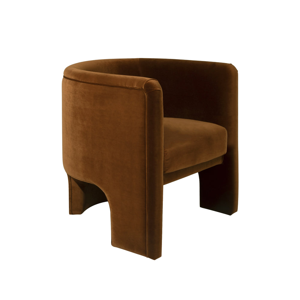 THREE LEG FULLY UPHOLSTERED BARREL CHAIR IN RUST VELVET