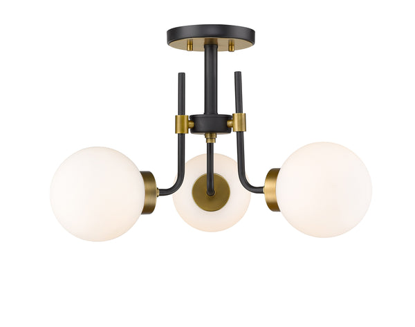 Parsons 3 Light Semi Flush Mount in Matte Black + Olde Brass Finish