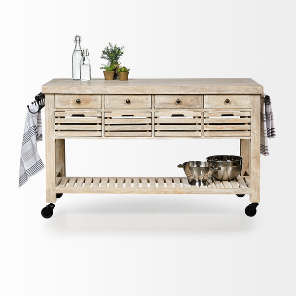 Columbia 62L x 28W x 36H I Light Brown Body w/ Black Iron Knobs Rolling Kitchen Island