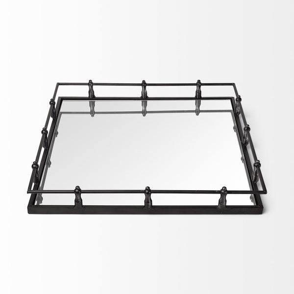 Christa 22L x 22W Black Metal Mirrored Base Square Tray