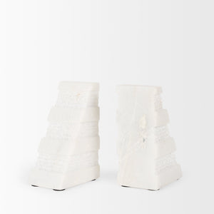 Cavetto White Marble Bookends w/rough carving S/2